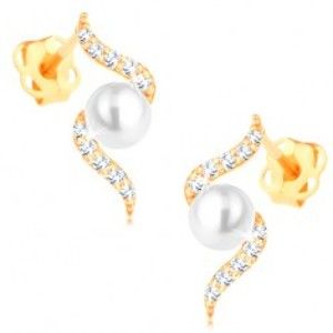 Šperky eshop - Náušnice zo žltého 14K zlata - trblietavá špirála s perlou bielej farby GG106.09