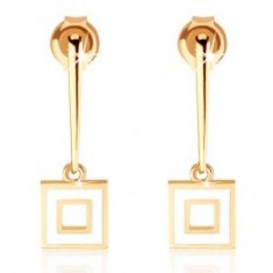 Šperky eshop - Náušnice zo žltého 14K zlata - úzka palička s obrysom štvorca, biela glazúra GG87.01