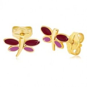 Šperky eshop - Náušnice zo žltého 14K zlata - vážka s bordovou a fialovou glazúrou na krídlach GG20.31