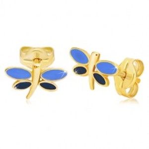 Šperky eshop - Náušnice zo žltého 14K zlata - vážka s modrou glazúrou na krídlach GG20.30