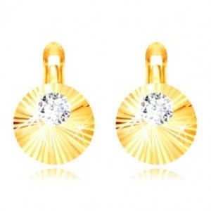 Šperky eshop - Náušnice zo žltého 14K zlata - žiarivé slnko, ozdobný kruh so zirkónom GG218.62