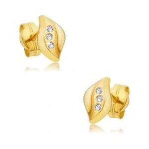 Šperky eshop - Náušnice zo žltého 14K zlata - zvlnený lístoček, tri číre zirkóny GG18.01