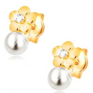 Šperky eshop - Náušnice zo žltého 14K zlata, lesklý kvet s čírym diamantom, biela perla BT500.93
