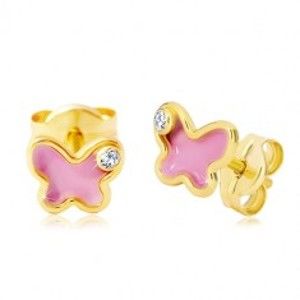 Šperky eshop - Náušnice zo žltého 14K zlata, motýlik s ružovou glazúrou a zirkónom GG20.19