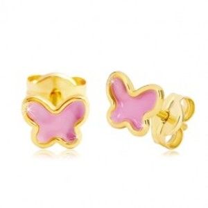 Šperky eshop - Náušnice zo žltého 14K zlata, motýlik s ružovou glazúrou, puzetky GG20.29