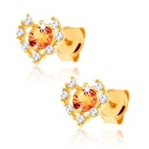 Šperky eshop - Náušnice zo žltého 9K zlata - číry zirkónový obrys srdca, žltý citrín GG62.17