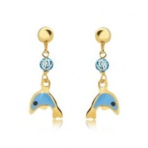 Šperky eshop - Náušnice zo žltého 9K zlata - glazúrovaný modrý delfín, ligotavá gulička GG02.39