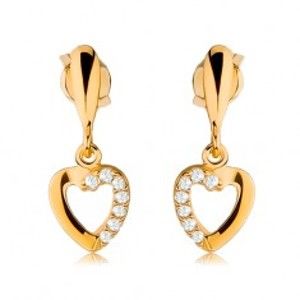 Šperky eshop - Náušnice zo žltého 9K zlata - obrys srdca so zirkónovou polovicou, úzka kvapka GG44.01