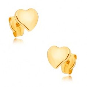 Šperky eshop - Náušnice zo žltého 9K zlata - ploché zrkadlovolesklé nesúmerné srdce GG33.07