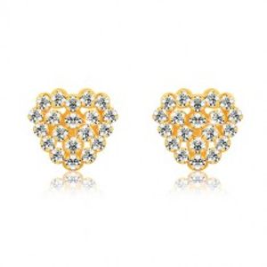 Šperky eshop - Náušnice zo žltého 9K zlata - transparentné zirkóny, srdiečko a srdcový obrys GG53.36