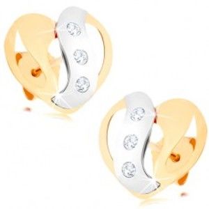 Šperky eshop - Náušnice zo žltého a bieleho 9K zlata - dvojfarebné srdce s výrezmi a zirkónmi GG57.14