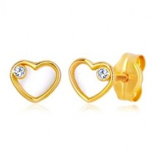 Šperky eshop - Náušnice zo žltého zlata 585 - srdce s prírodnou perleťou a zirkónom GG36.13