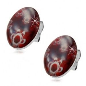 Šperky eshop - Náušnicez chirurgickej ocele - puzetové, tmavočervený ovál s bielymi kvetmi X03.17