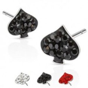 Šperky eshop - Náušničky z ocele - kartový znak list, farebné kamene a puzetka Y55.9 - Farba: Číra