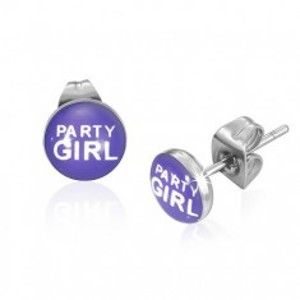Šperky eshop - Náušničky z ocele s nápisom Party Girl, fialové R21.15