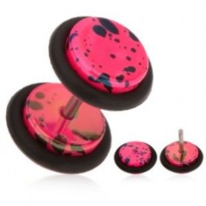 Šperky eshop - Neónovo ružový fake plug do ucha z akrylu, olejové škvrny, gumičky PC01.22