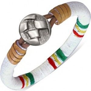 Šperky eshop - Oblý náramok omotaný bielou šnúrkou, farebné pásy, gombík S34.09