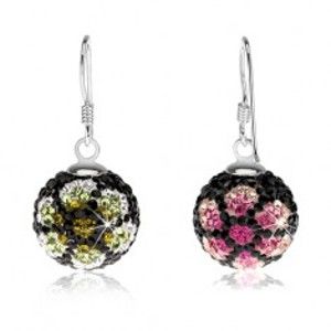 Šperky eshop - Obojstranné náušnice zo striebra 925, čierne guličky, kryštáliky, farebné kvety, 14 mm SP85.14