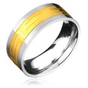 Šperky eshop - Obrúčka z chirurgickej ocele - zlatistý pás a grécky motív B8.03 - Veľkosť: 59 mm