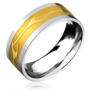 Šperky eshop - Obrúčka z chirurgickej ocele - zlatistý pás a lesklá rozdvojená línia B8.02 - Veľkosť: 69 mm