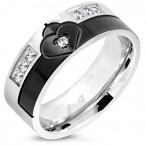 Šperky eshop - Obrúčka z chirurgickej ocele čiernej a striebornej farby, srdce so zirkónom, 8 mm K03.20 - Veľkosť: 54 mm