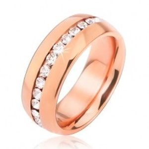 Šperky eshop - Obrúčka z chirurgickej ocele ružovozlatej farby, pás čírych zirkónov U20.17 - Veľkosť: 65 mm