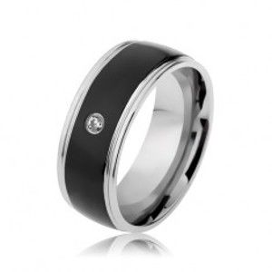 Šperky eshop - Obrúčka z ocele 316L, pásy striebornej a čiernej farby, číry zirkónik SP64.02 - Veľkosť: 62 mm