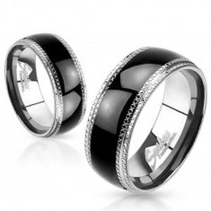 Šperky eshop - Obrúčka z ocele 316L, vrúbkované okraje, lesklý zaoblený čierny pás, 8 mm H7.11 - Veľkosť: 67 mm