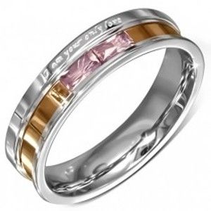 Šperky eshop - Oceľová obrúčka, ružové zirkóny, gravírované vyznanie lásky B8.05 - Veľkosť: 54 mm