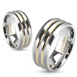 Šperky eshop - Oceľová obrúčka, strieborná farba, tri pásy, priehlbiny zlatej farby BB13.10 - Veľkosť: 67 mm