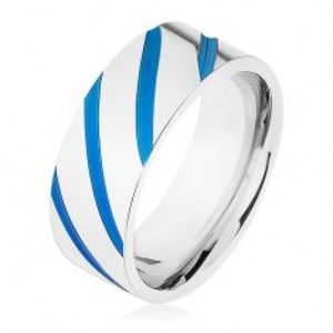 Šperky eshop - Oceľová obrúčka striebornej farby, diagonálne pásy, modrá glazúra HH10.10 - Veľkosť: 59 mm