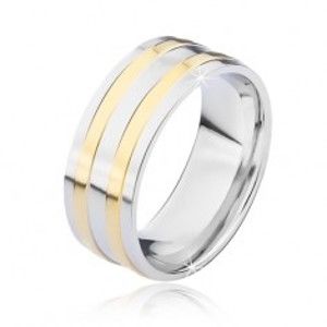 Šperky eshop - Oceľová obrúčka striebornej farby s dvomi úzkymi pásmi zlatej farby BB2.15 - Veľkosť: 57 mm