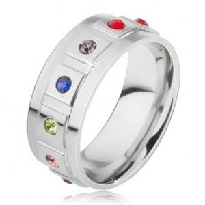Šperky eshop - Oceľová obrúčka, štvorce s okrúhlymi farebnými kamienkami BB14.05 - Veľkosť: 59 mm