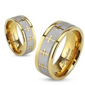 Šperky eshop - Oceľová obrúčka v zlatej a striebornej farbe, matný pás, krížiky, 6 mm HH14.3 - Veľkosť: 58 mm