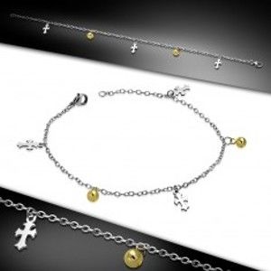 Šperky eshop - Oceľový náramok - retiazka z oválnych očiek, ľaliové kríže a guľôčky zlatej farby AC23.14