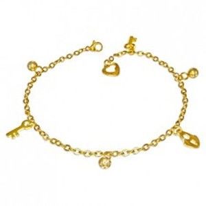 Šperky eshop - Oceľový náramok v zlatom farebnom odtieni - guľôčky, zámok a kľúčik S28.19