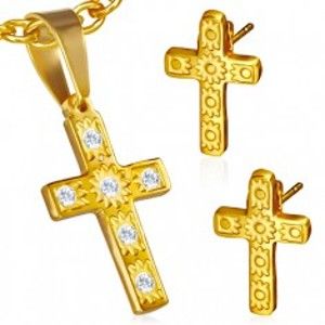 Šperky eshop - Oceľová sada zlatej farby - prívesok a náušnice, kríž, číre kamienky S37.09