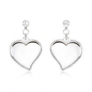 Šperky eshop - Oceľové náušnice - asymetrické srdcia so zdobeným okrajom, číre kamienky S71.06