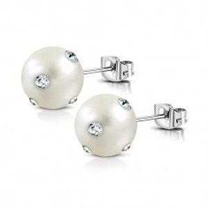 Šperky eshop - Oceľové náušnice - biela syntetická perla, číre ligotavé zirkóny, puzetky AA15.17