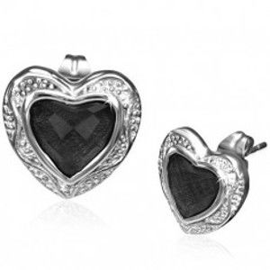 Šperky eshop - Oceľové náušnice - čierny kamienok v kovovom srdci AA39.17