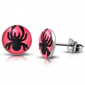 Šperky eshop - Oceľové náušnice - čierny pavúk na pozadí lososovej farby, puzetky W14.05