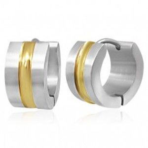 Šperky eshop - Oceľové náušnice - dvojfarebné obruče so stredovým pásom zlatej farby X06.13
