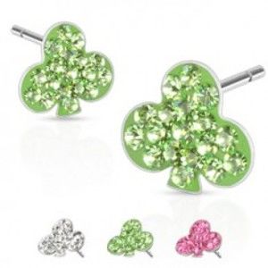 Šperky eshop - Oceľové náušnice - kartový symbol trojlístok, kamienky, puzetka Y55.7 - Farba: Zelená