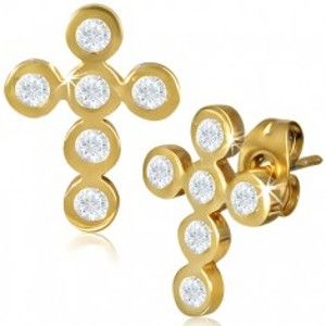 Šperky eshop - Oceľové náušnice - kríž zlatej farby z kruhov vykladaný zirkónmi AA40.12