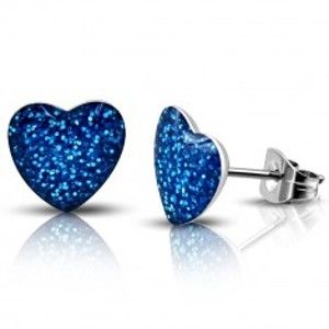 Šperky eshop - Oceľové náušnice - modré trblietavé srdce, puzetky X22.6