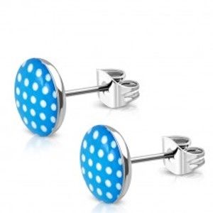 Šperky eshop - Oceľové náušnice - modro-biele bodkované krúžky a glazúra, puzetky W24.08