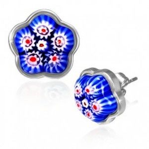 Šperky eshop - Oceľové náušnice - modrý sklenený kvet v podklade X28.8