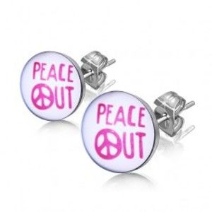 Šperky eshop - Oceľové náušnice - nápis "PEACE OUT" v krúžku AA15.12