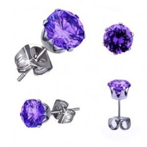 Šperky eshop - Oceľové náušnice - okrúhly fialový zirkón, puzetové zapínanie AB17.14 - Veľkosť zirkónu: 4 mm