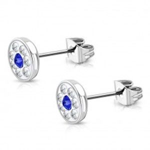 Šperky eshop - Oceľové náušnice - okrúhly kvet so Swarovski® elementmi, zafírovomodrý zirkón, 7 mm W24.36